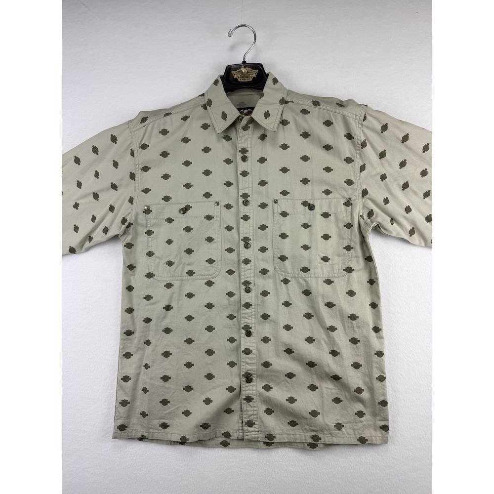 Harley‎ Davidson Button Up Shirt Mens Small Beige Logo Print Long Sleeve Cotton